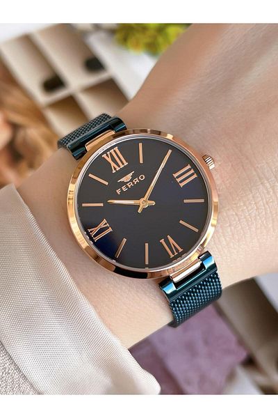 FERRO Navy Blue Straw Cord Color Non-Throwing 30 Meters Water Resistant Special Design Women's Wristwatch 21155-T