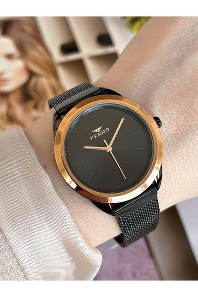 FERRO Black Straw Cord Colorfast 30 Meters Water Resistant Special Design Women's Wristwatch 21073-R