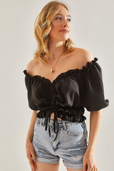 Bianco Lucci Γυναικεία μπλούζα με κορδόνια Jessica Fabric Madonna γιακά