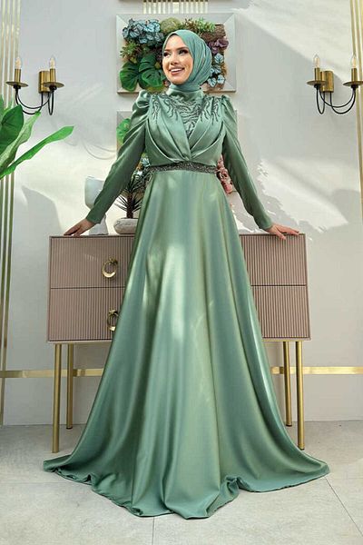 Bym Fashion فستان سهرة من الساتان بالنعناع - تفاصيل حجرية، موديل 1158