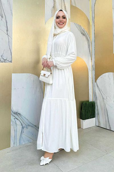 Bym Fashion Φόρεμα με μανίκια με φερμουάρ ελαστικό βολάν 6001 εκρού