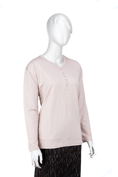 Oppland Női esztergált viszkóz fésült anyagú anyablúz Stílusos, fodros V-nyakú, normál szabású, teljesen illeszkedő lycra