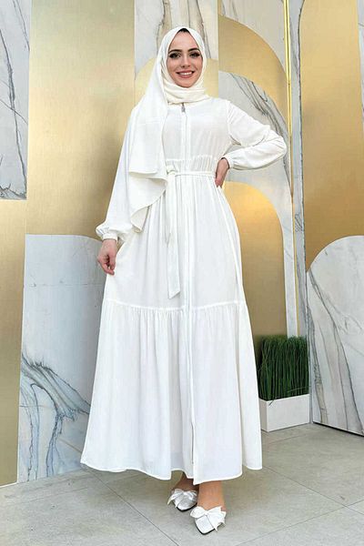 Bym Fashion Φόρεμα με μανίκια με φερμουάρ ελαστικό βολάν 6001 εκρού