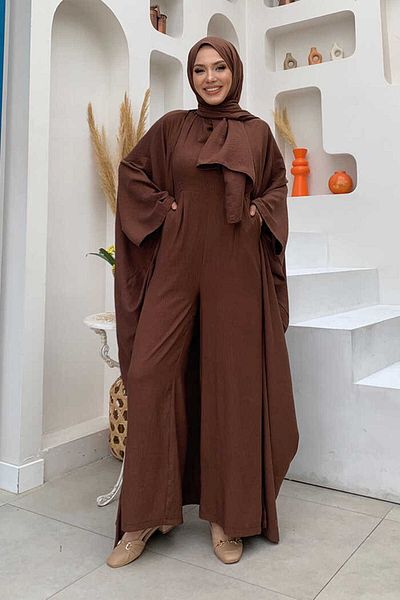 Bym Fashion Ολόσωμη φόρμα με σάλι και Abaya διπλή φόρμα 8519 καφέ
