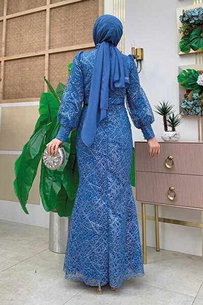 Bym Fashion Індіго з блискітками, з малюнком, з рукавами-ліхтариками, вечірня сукня - 1144