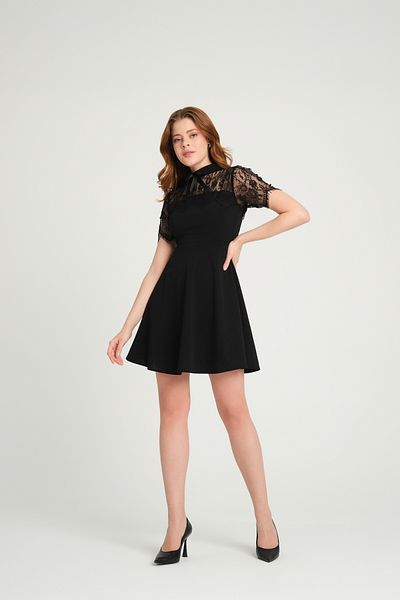 Giyim Dünyası Women's Black Dress - Lace Detailed, Short Sleeve