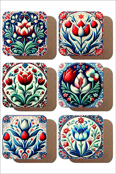 UNT Türk Çini Motifleri Temalı 6'lı Ahşap Bardak Altlığı Seti