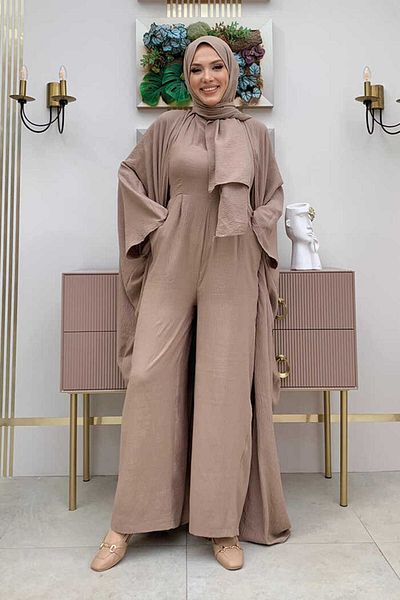 Bym Fashion Ολόσωμη φόρμα με σάλι και Abaya Διπλό Σετ 8519 Mink