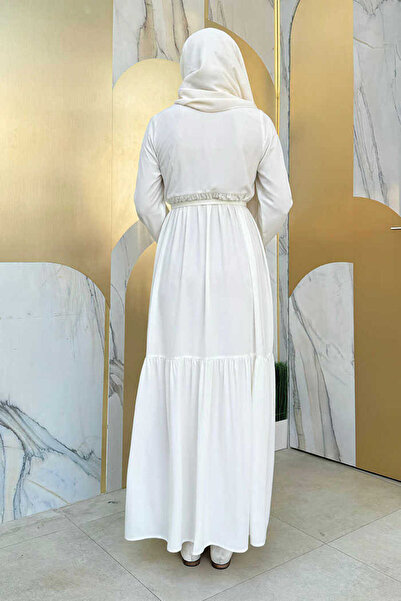 Bym Fashion Zippered Sleeve Cuffs Elastic Ruffle Dress 6001 Ecru