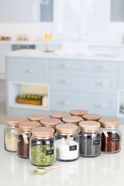 Lizzy 12-Piece Spice Set with Label, Bamboo Wooden Vacuum Lid and Spoon 300 ml GLASS