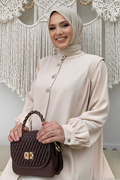 Bym Fashion Buttoned Stone Embroidery Detailed Dress 7903 Stone