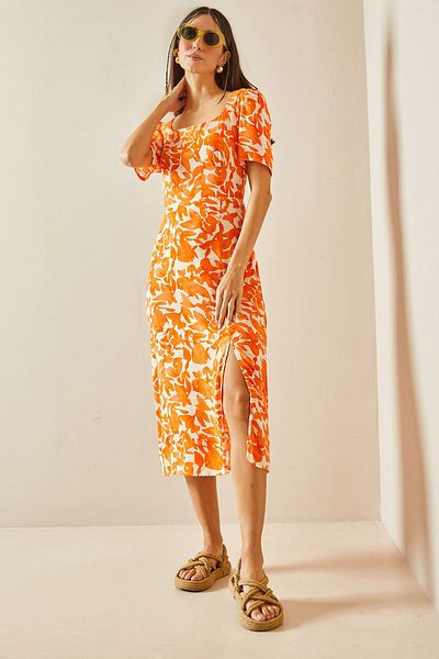 XHAN Orange U Collar Patterned Dress 5YXK6-48395-11