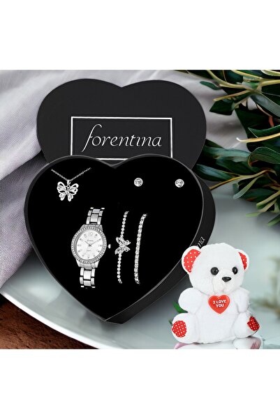 Forentina Gümüş Kaplama Kelebek Kolye Bileklik Küpe Saat Ayıcık Hediye Set PS3421