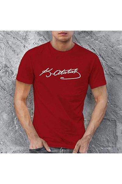 Evomind Unisex Mustafa Kemal Atatürk Signature Printed Oversize Red T-shirt