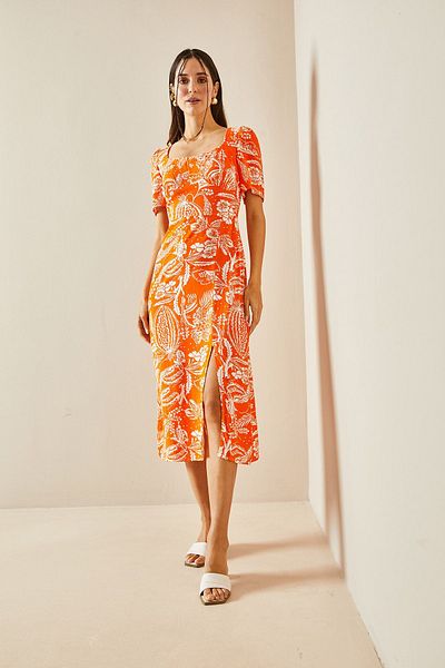 XHAN Orange U Collar Floral Patterned Dress 5YXK6-48398-11