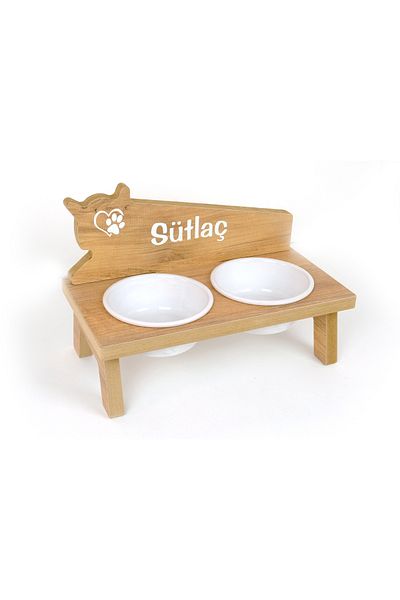 RealWood Wooden Cat-Dog Food and Water Stand with 2*400ml Ceramic Bowls, Custom Name