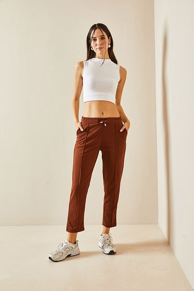 XHAN Brown Elastic Waist Pencil Pants 5YXK5-48387-18