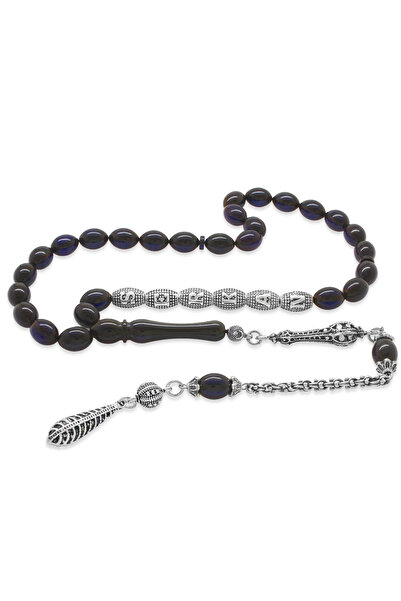 Tesbihane خرزات صلاة من العنبر باللون الأزرق الداكن مع شرابات معدنية غير مشوهة