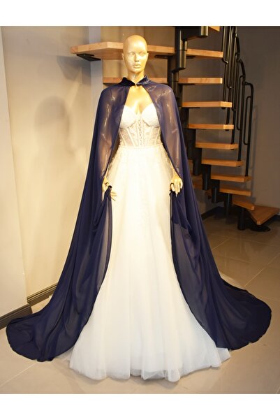 paris in paris CAFTAN-ROCHIE DE MIREASĂ DE ȘIFON ALBASTRU ÎNCHIS-CAPĂ DE ȘIFO...