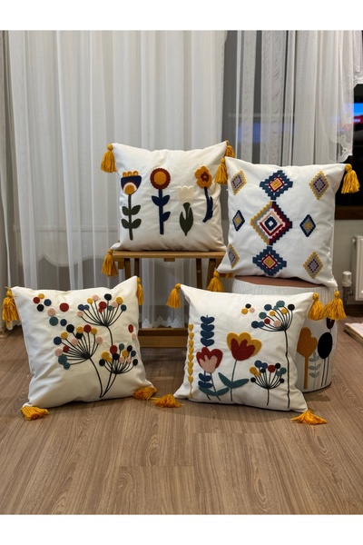 BUGİ HOME COLLECTİON Set de 4 huse de pernă decorative brodate și brodate cu ...