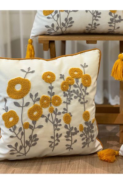BUGİ HOME COLLECTİON Set de 4 huse de pernă decorative brodate și brodate cu pumn