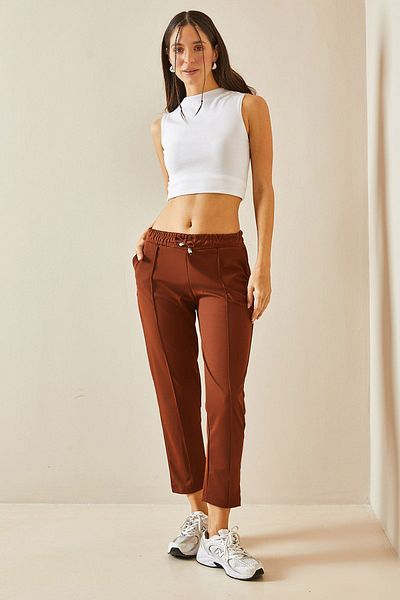XHAN Brown Elastic Waist Pencil Pants 5YXK5-48387-18