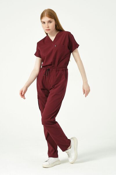 Pratik Medikal الدعك باللون العنابي للجنسين - جيب شحن من الليكرا، بدلة بأكمام...