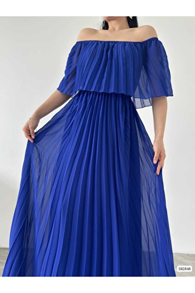 vuvutasarım Yeni Sezon Şifon Piliseli Omzu Açık Özel Tasarım Maxi Abiye Elbise 582848