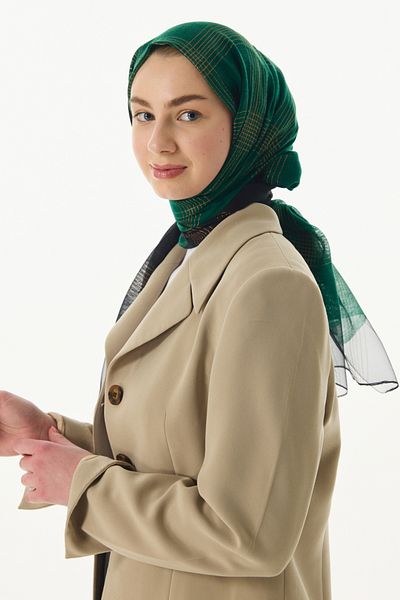 FENZA SCARF Silvia șal de mătase din lână smarald cu model de linii aurite