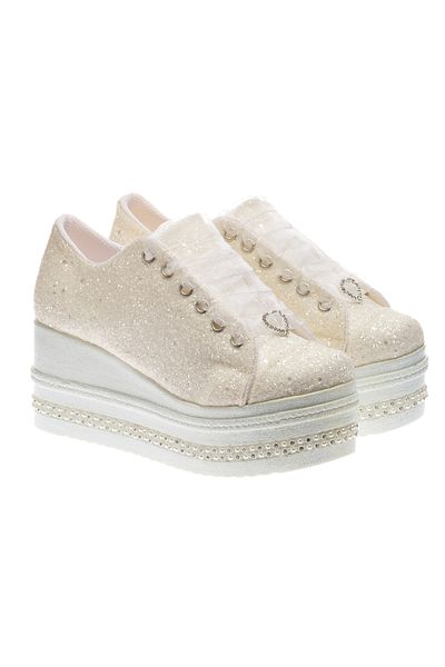 Ayakkabı Tutkusu Stilo ® Glittering Ivory Wedge Heel Bridal Shoes Wide and Comfortable Fit Pearl and Rhinestone Sole