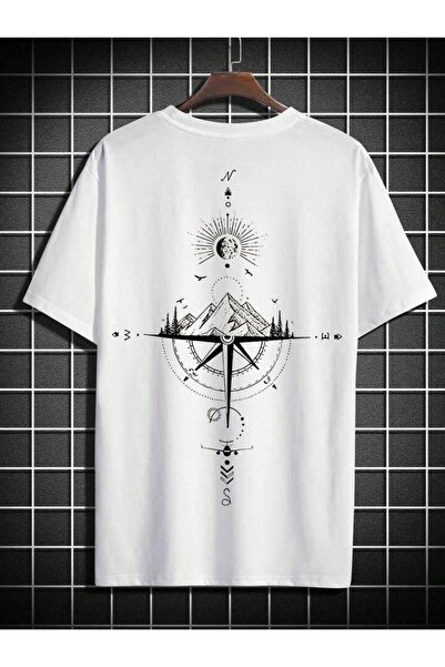 AFROGİYİM Унісекс-пейзажний компас на спині з надрукованою футболкою великого розміру
