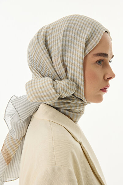 FENZA SCARF Μπεζ μάλλινο μεταξωτό σάλι - STELLA Gingham Pattern