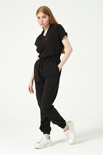 Pratik Medikal Siyah Likralı Kargo Cep Jogger Paça Doktor Hemşire Forması Yar...