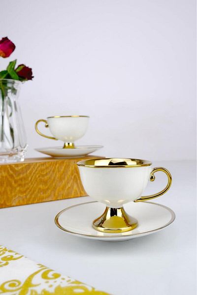 Digithome Porcelain Gilded Coffee Cup Set for 2 People White - Kyr-01 C1-1-355