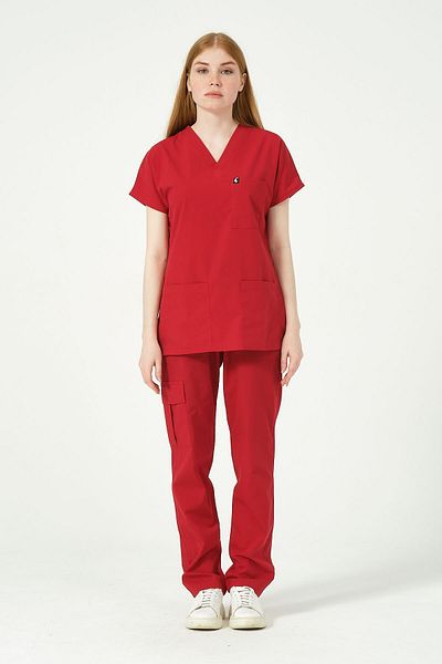 Pratik Medikal Unisex Red Lycra Scrubs - Bat Sleeve Set, Cargo Pocket, Doctor Nurse Jersey