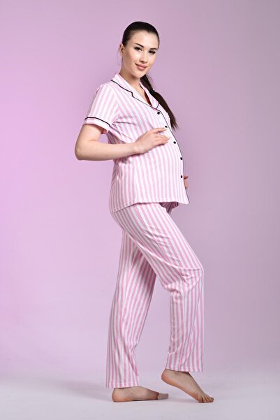 LİKAPA Likapa Penye Önden Düğmeli Hamile Lohusa Kısa Kol Pijama Takımı ,%100 Cotton