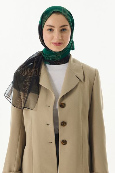 FENZA SCARF Silvia șal de mătase din lână smarald cu model de linii aurite