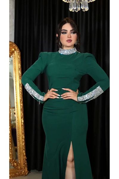 ZENABİYEM Neck and Ankle Stone Print Detailed Slit Evening Dress