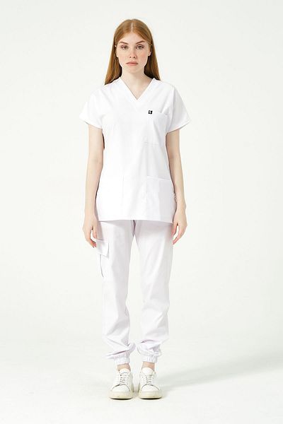Pratik Medikal Unisex White Lycra Scrubs - Bat Sleeve, Jogger Leg, Cargo Pocket, Doctor Nurse Jersey