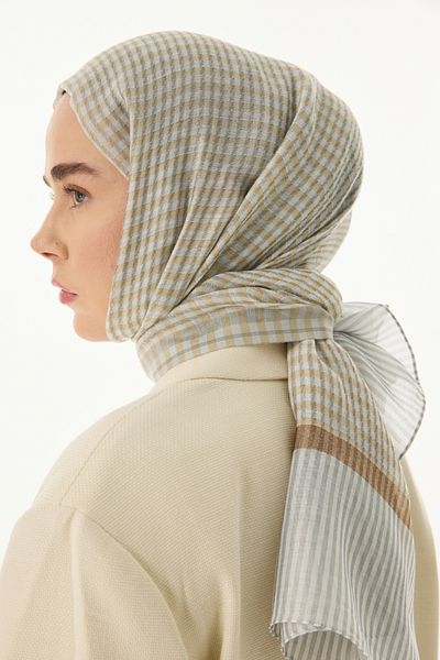 FENZA SCARF Μπεζ μάλλινο μεταξωτό σάλι - STELLA Gingham Pattern