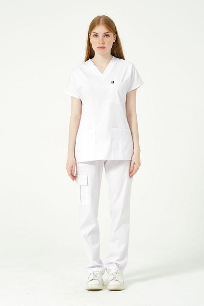 Pratik Medikal Unisex White Lycra Scrubs - Bat Sleeve Cargo Pocket, Doctor Nurse Jersey