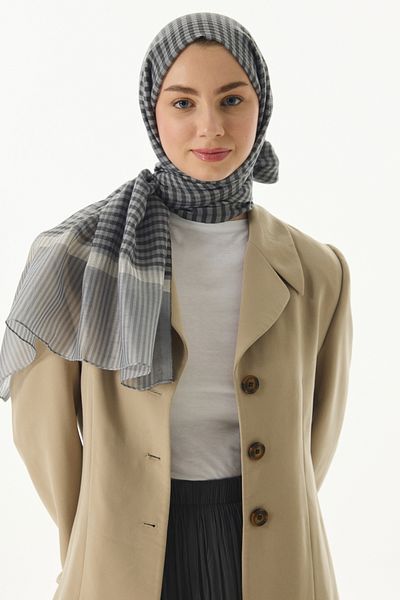 FENZA SCARF STELLA - Gray Silk Shal, Gingham Patterned Wool