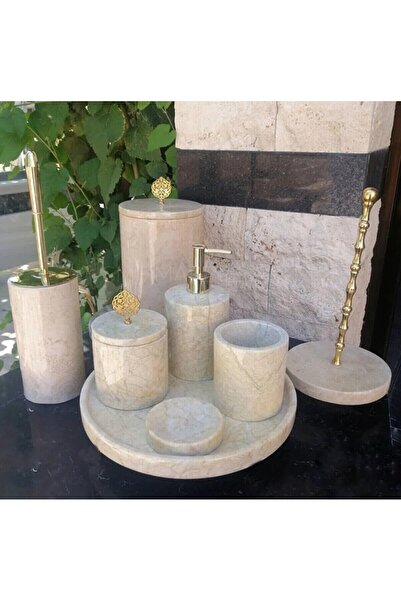 Sümeyra Marble Art Dekoratif Doğal Bej Mermer 8li Banyo Seti Takımı