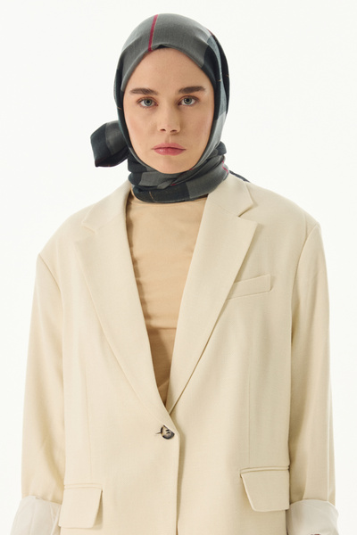 FENZA SCARF OLİVİA EKOSE DESEN SİYAH-ANTRASİT YÜN İPEK ŞAL
