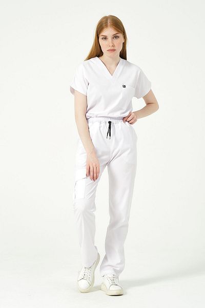 Pratik Medikal Unisex White Lycra Scrubs - Bat Sleeve Cargo Pocket, Doctor Nurse Jersey