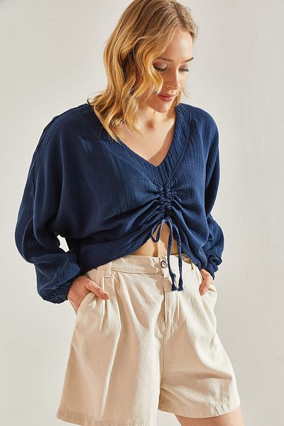 Bianco Lucci Damenbluse aus Leinenmusselin – geraffte Vorderseite, 60231002