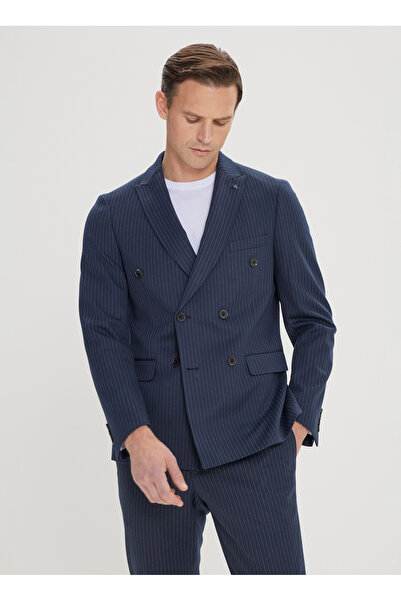 ALTINYILDIZ CLASSICS Altınyıldız Classics Lacivert-Beyaz Erkek Slim Fit Kırlangıç Yaka Çizgili Kruvaze Takım Elbise