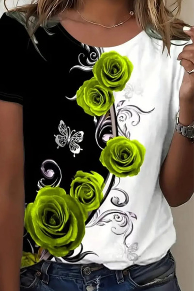 ESSFASIHON Tricou din țesătură cu mânecă scurtă, cu imprimeu digital, trandafir