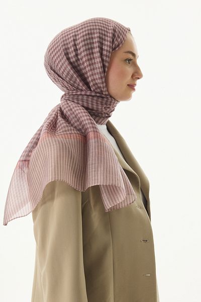 FENZA SCARF STELLA Powder-Pink Wool Silk Shawl - Gingham Patterned