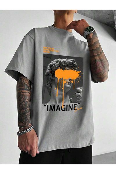 AFROGİYİM Μπλουζάκι Unisex Imagine Sculpture με στάμπα Oversize